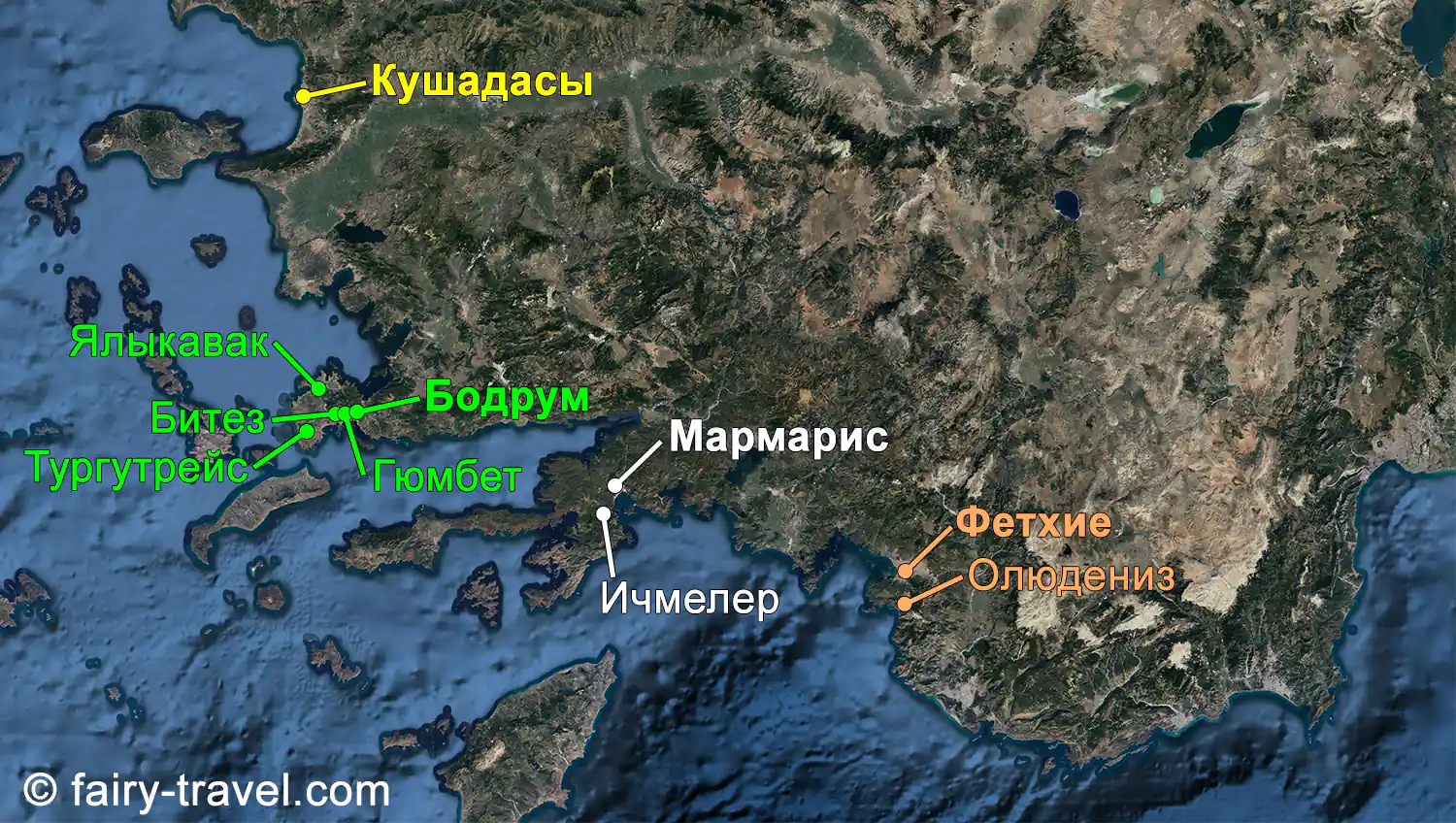 Курорты Эгейского моря Турции на карте